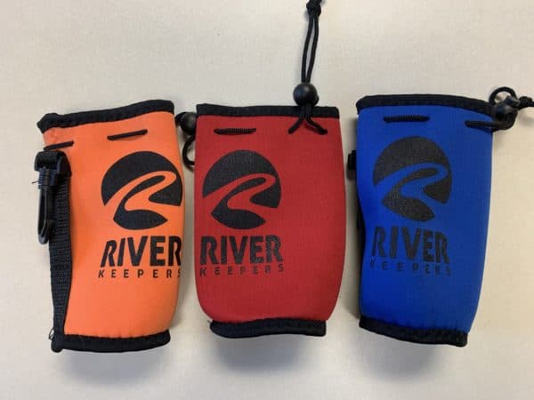 orange, red, and blue water bottle koozies
